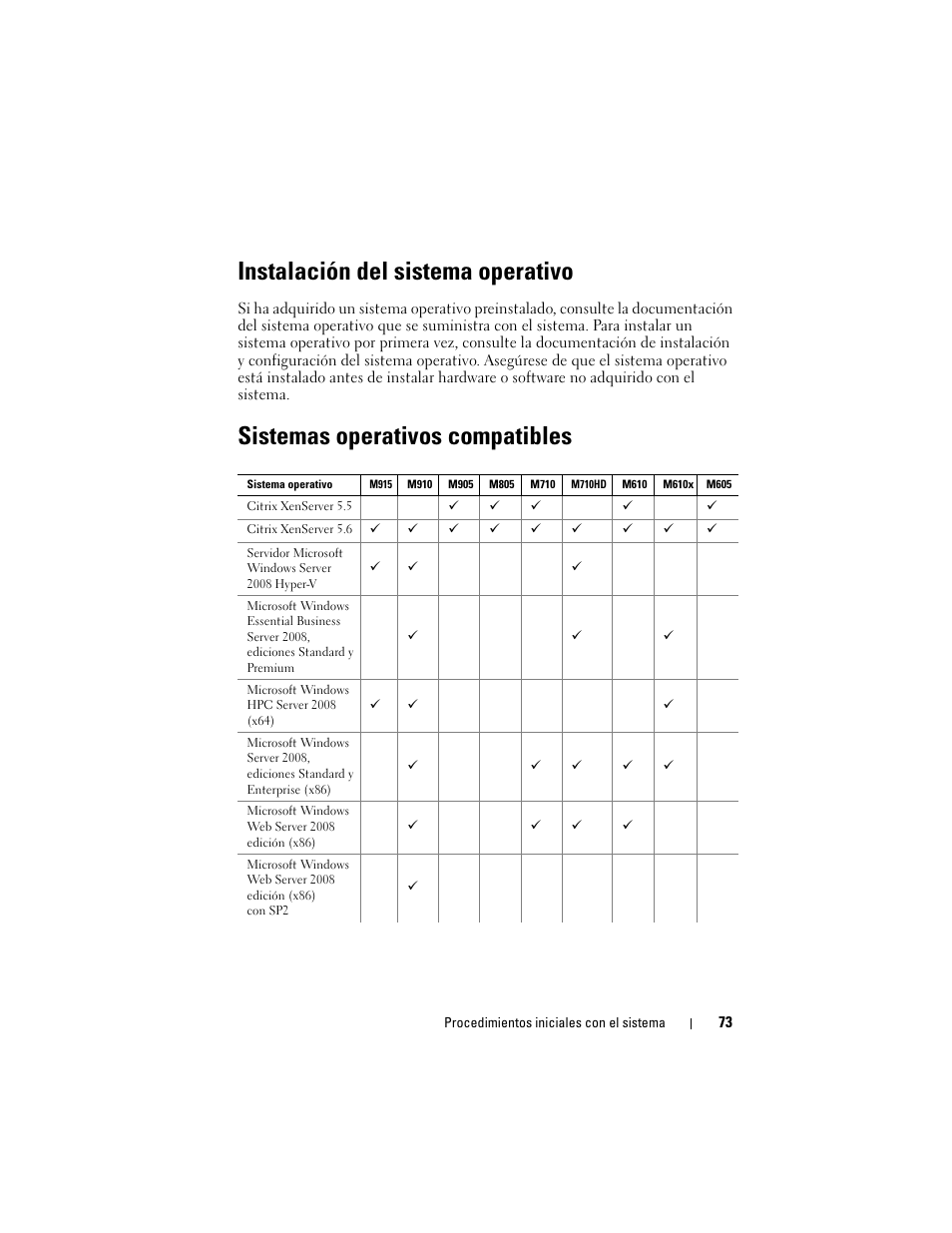 Instalación del sistema operativo, Sistemas operativos compatibles | Dell PowerEdge M610x User Manual | Page 75 / 92