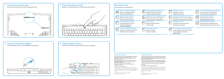 Press the power button, Function keys, 3locate your service tag | Connect the power adapter, 2check wireless status | Dell Alienware M14x R2 (Early 2012) User Manual | Page 2 / 2