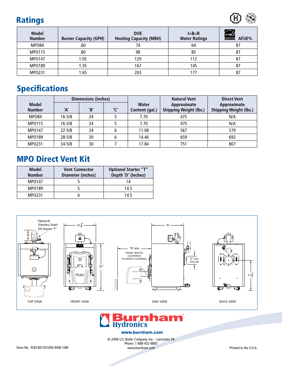 Ratings specifications, Mpo direct vent kit | Burnham MPO Series User Manual | Page 4 / 4