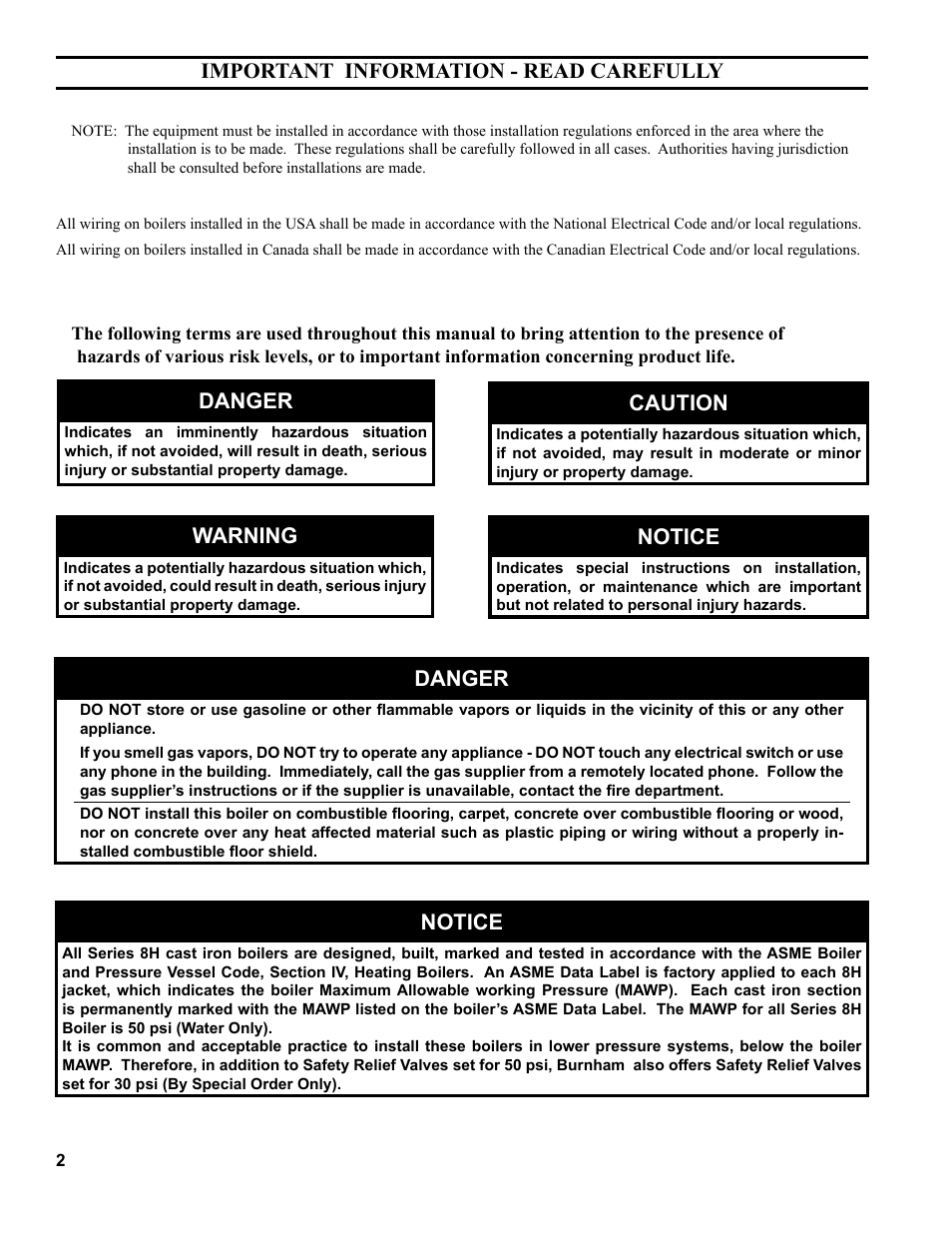 Important information - read carefully, Danger, Warning | Caution, Notice | Burnham 8H User Manual | Page 2 / 92