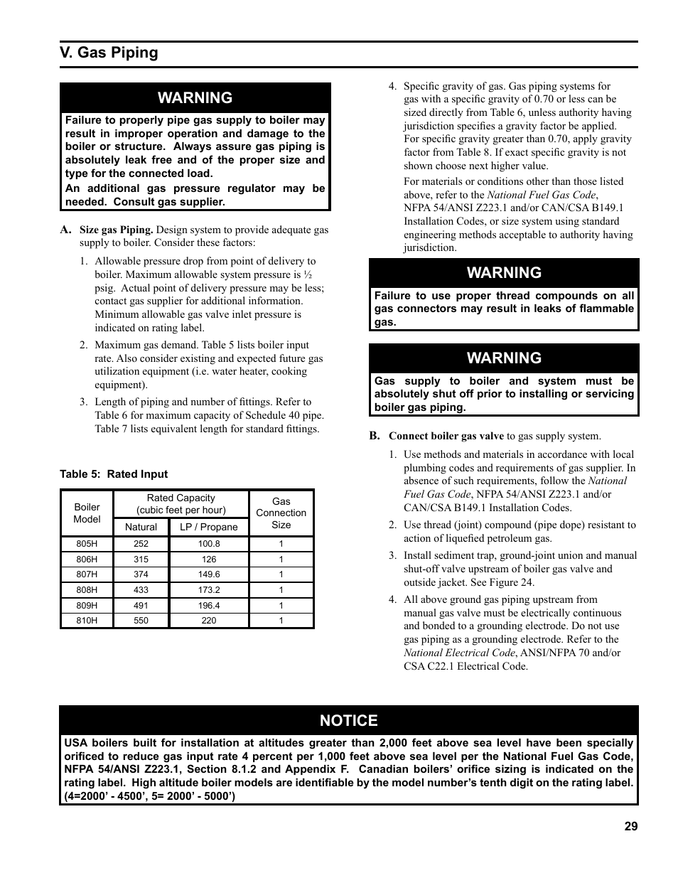 V. gas piping warning, Warning, Notice | Burnham 8H User Manual | Page 29 / 92