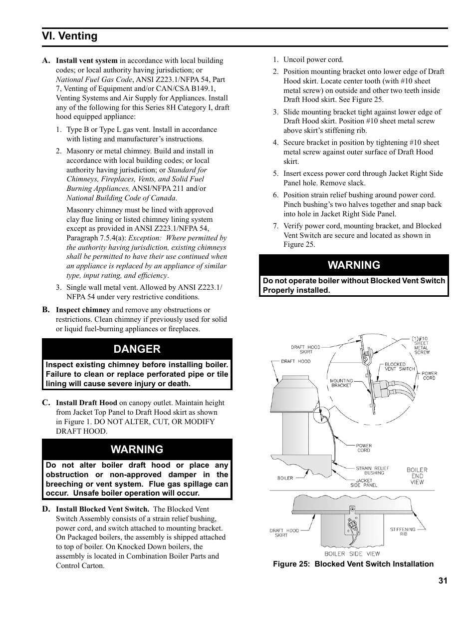 Danger, Warning, Vi. venting | Burnham 8H User Manual | Page 31 / 92