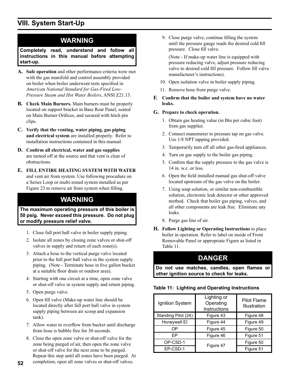 Warning, Viii. system start-up, Danger | Burnham 8H User Manual | Page 52 / 92