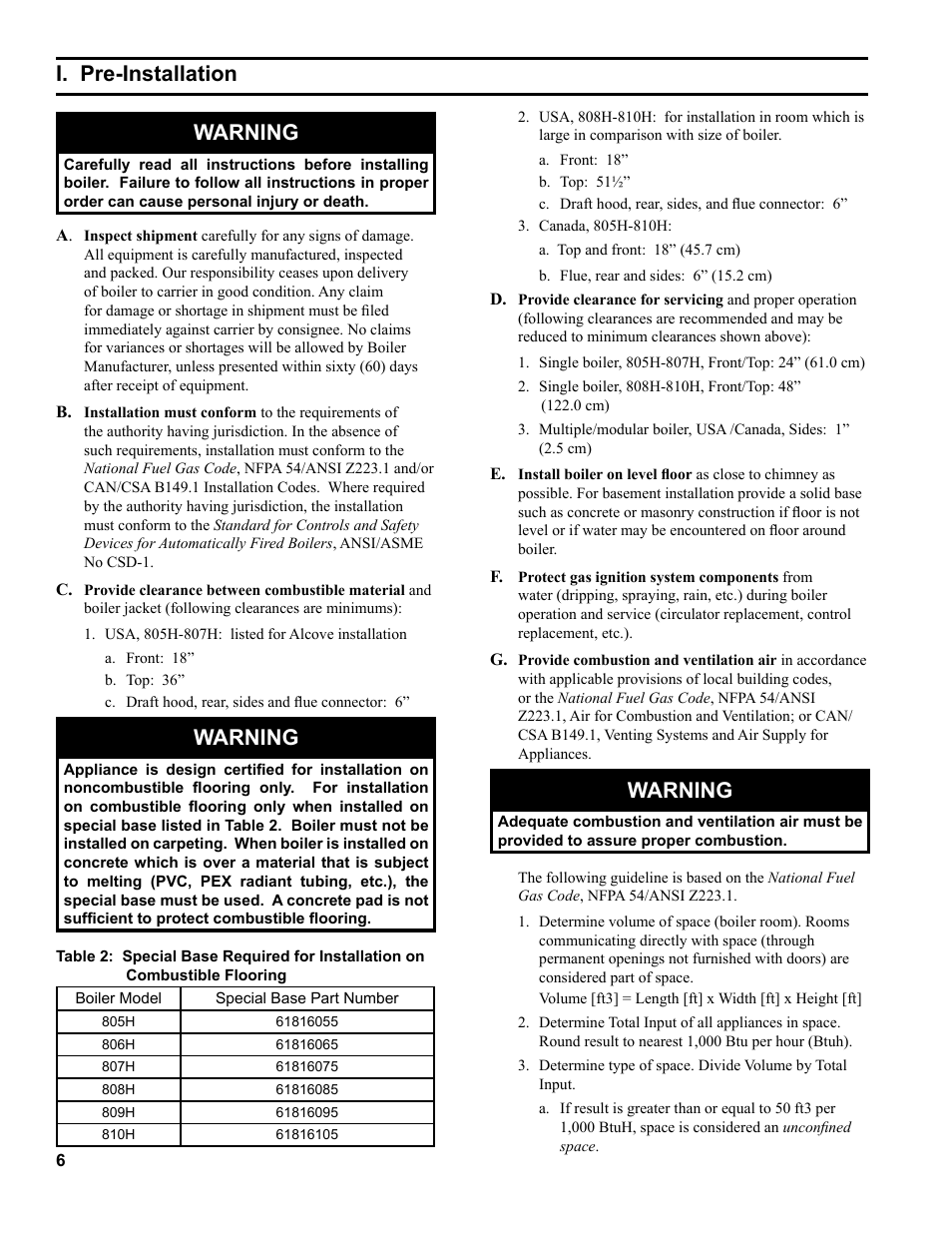 I. pre-installation warning, Warning | Burnham 8H User Manual | Page 6 / 92