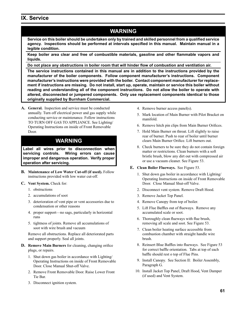 Ix. service warning, Warning | Burnham 8H User Manual | Page 61 / 92