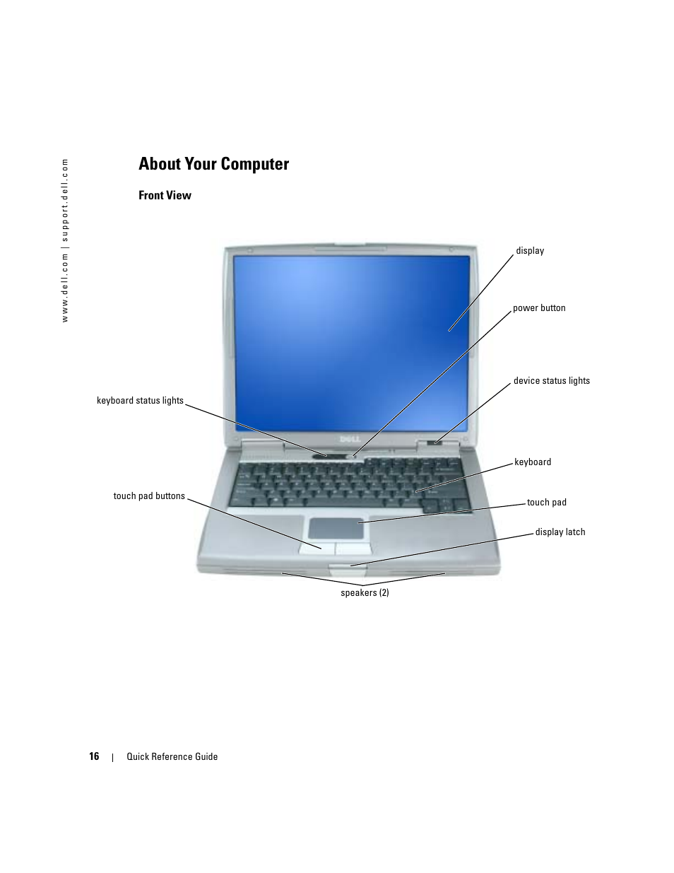 About your computer, Front view | Dell Latitude D510 User Manual | Page 16 / 104