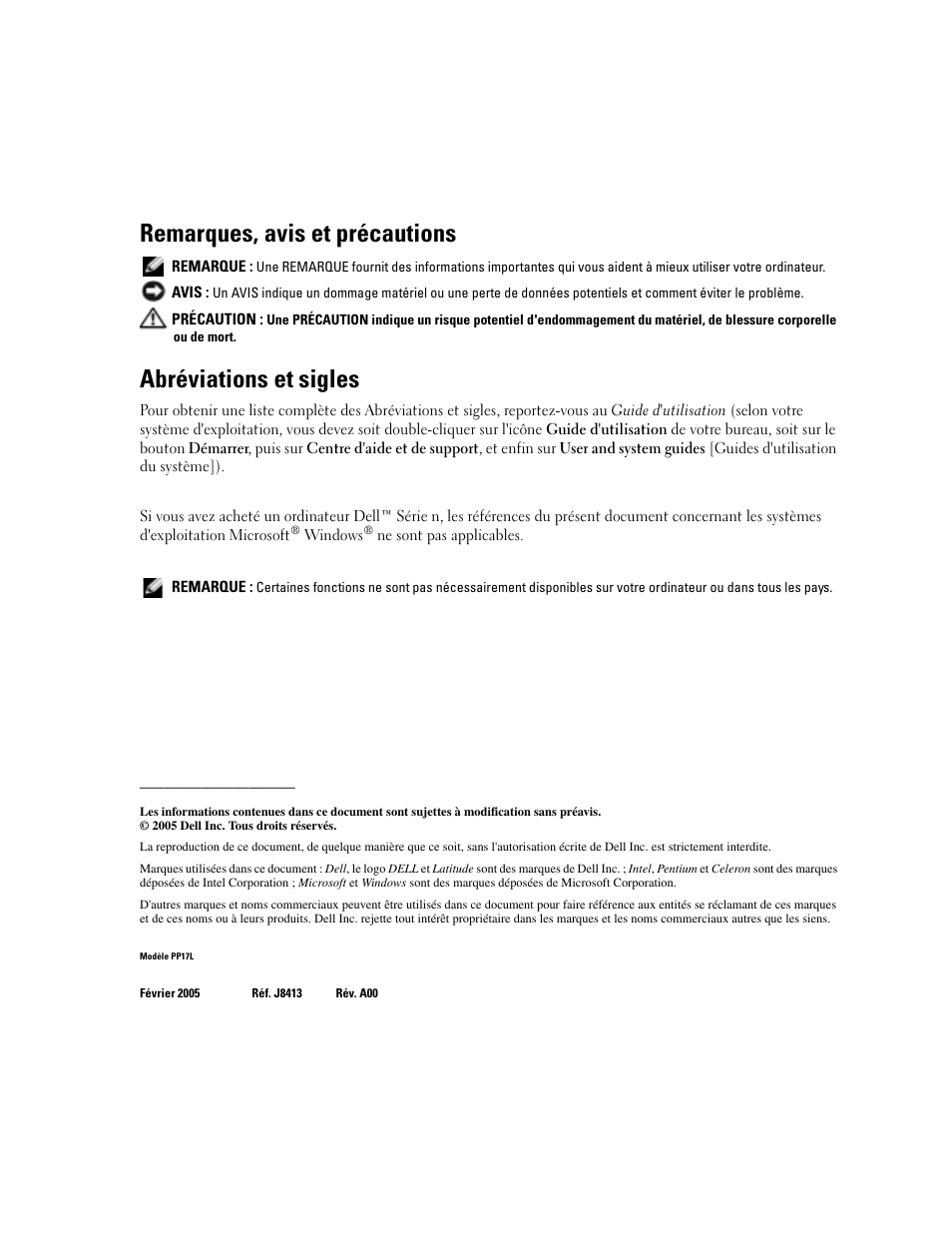 Remarques, avis et précautions, Abréviations et sigles | Dell Latitude D510 User Manual | Page 28 / 104