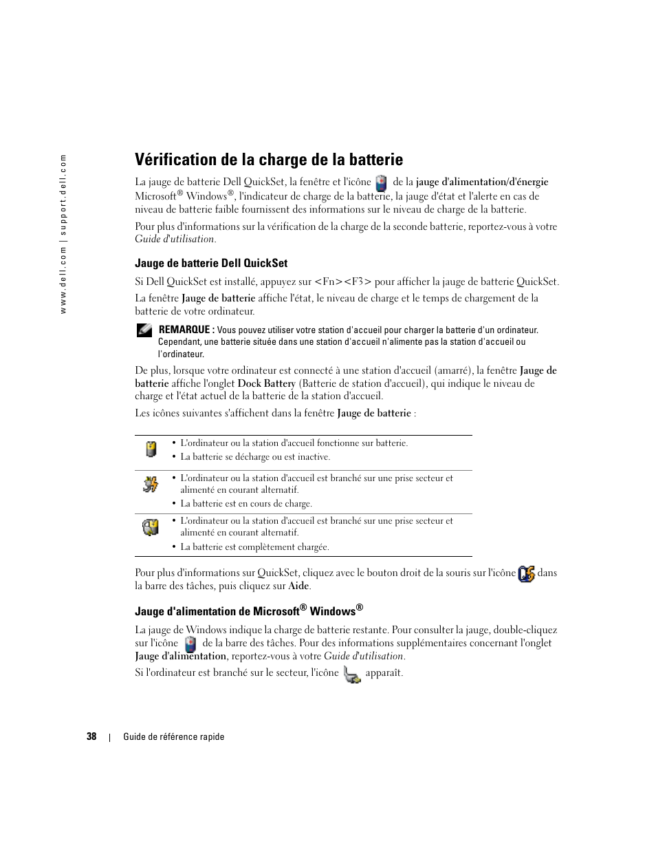 Vérification de la charge de la batterie, Jauge de batterie dell quickset, Jauge d'alimentation de microsoft® windows | Jauge d'alimentation de microsoft | Dell Latitude D510 User Manual | Page 38 / 104