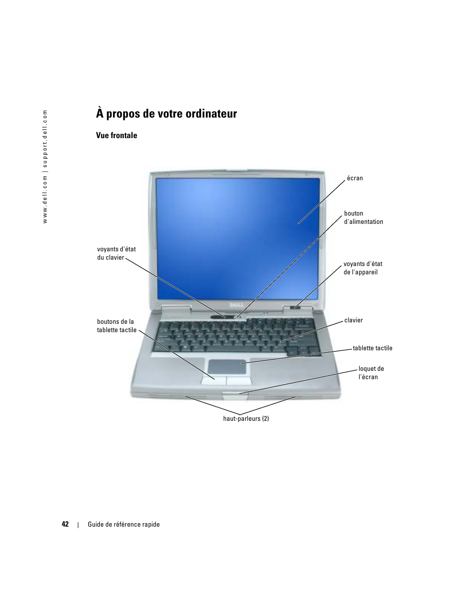 À propos de votre ordinateur, Vue frontale | Dell Latitude D510 User Manual | Page 42 / 104