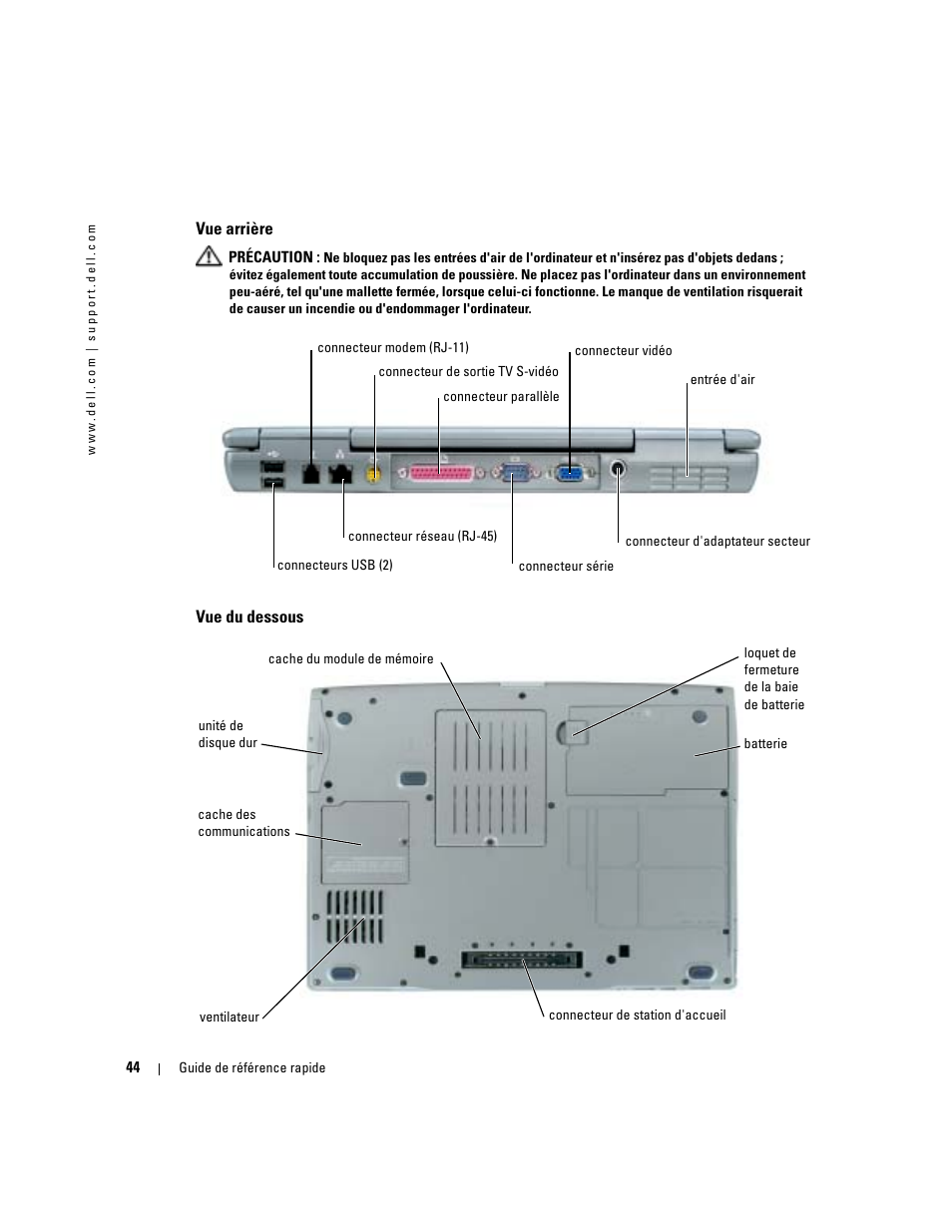 Vue arrière, Vue du dessous | Dell Latitude D510 User Manual | Page 44 / 104