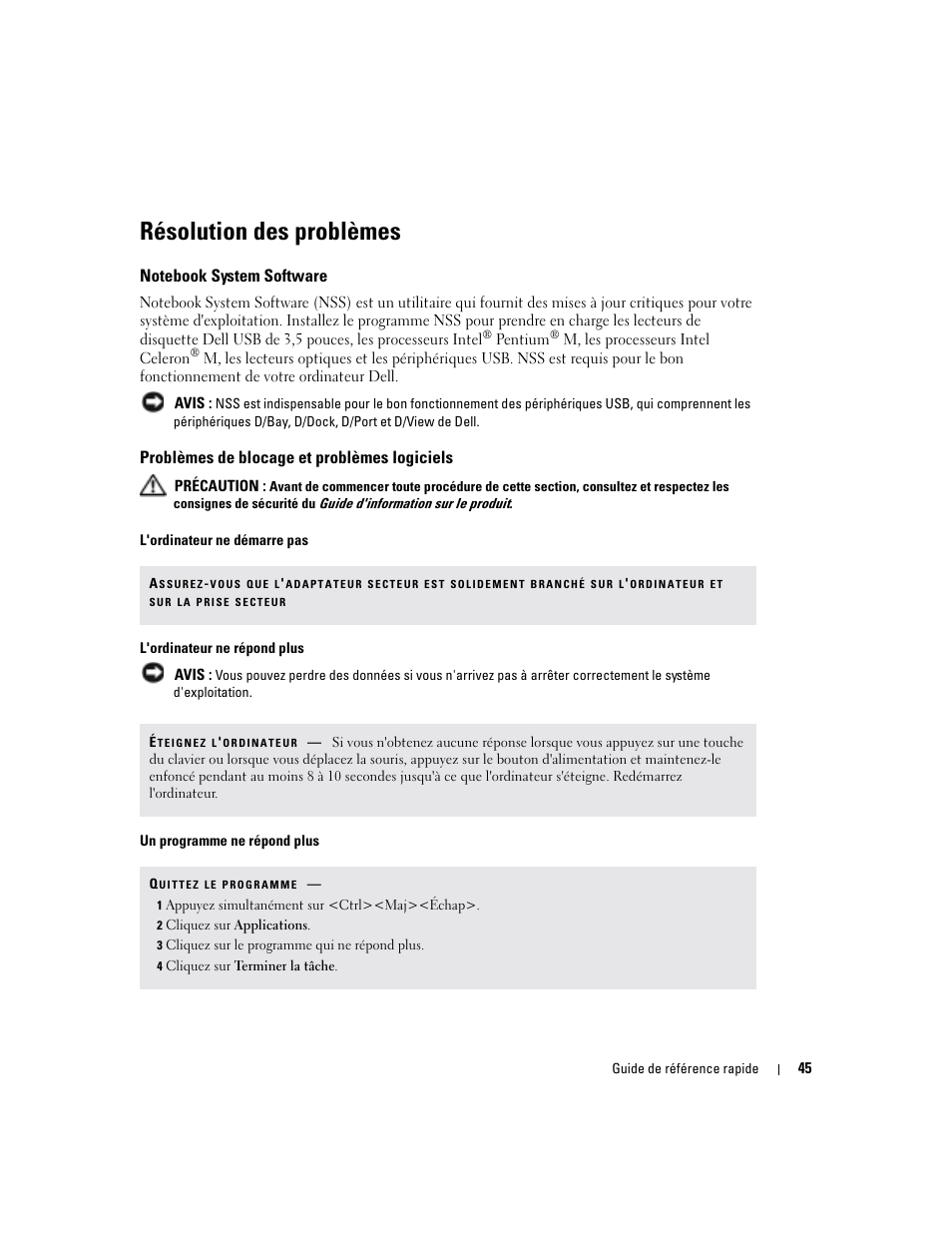 Résolution des problèmes, Notebook system software, Problèmes de blocage et problèmes logiciels | Dell Latitude D510 User Manual | Page 45 / 104