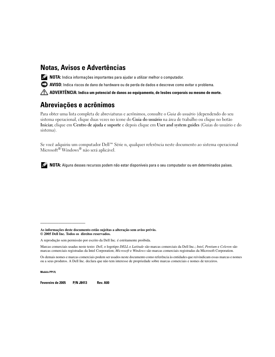 Notas, avisos e advertências, Abreviações e acrônimos | Dell Latitude D510 User Manual | Page 54 / 104