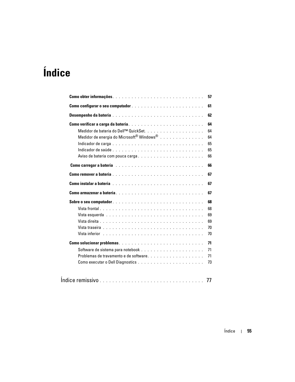 Índice, Índice remissivo | Dell Latitude D510 User Manual | Page 55 / 104