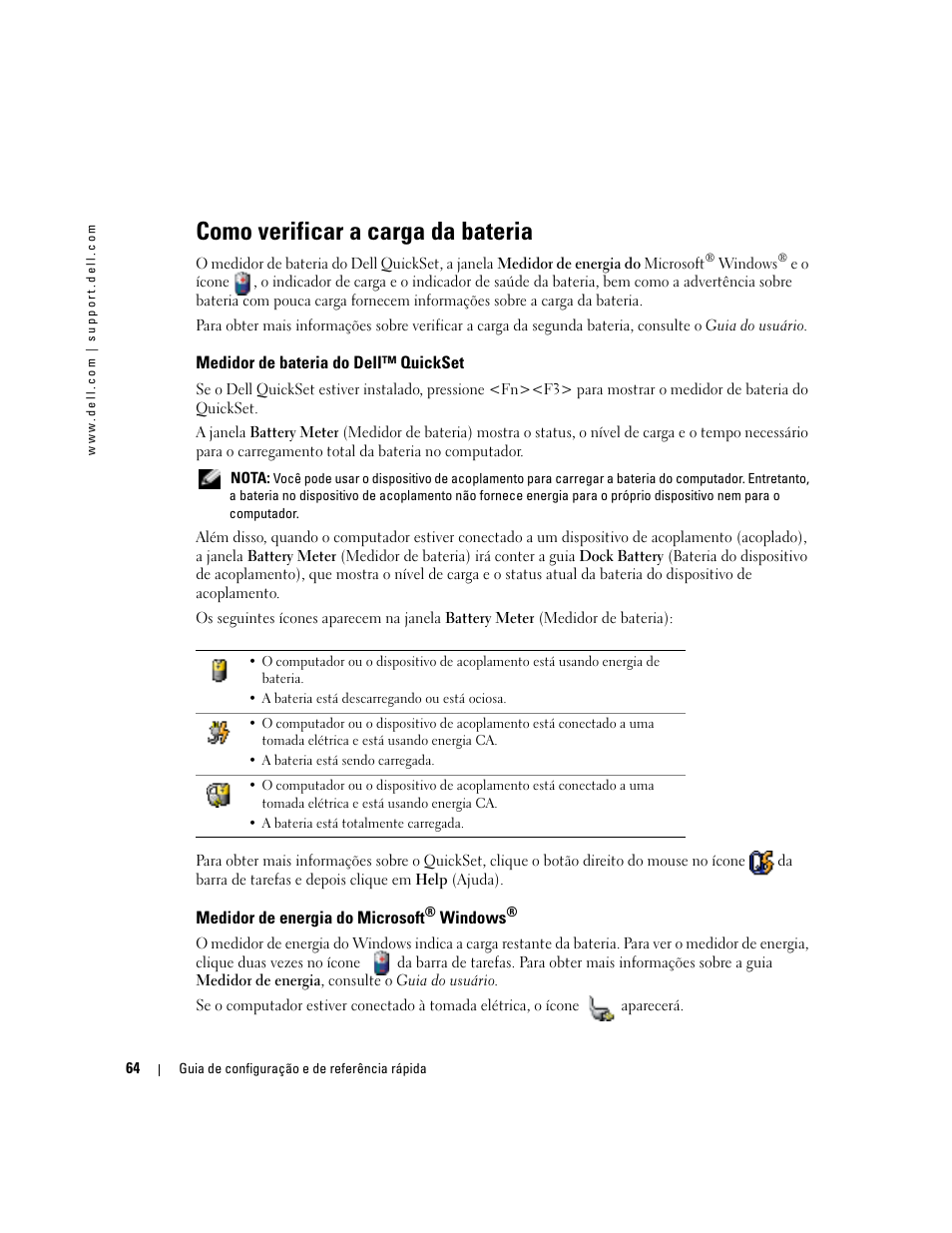 Como verificar a carga da bateria, Medidor de bateria do dell™ quickset, Medidor de energia do microsoft® windows | Medidor de energia do microsoft | Dell Latitude D510 User Manual | Page 64 / 104