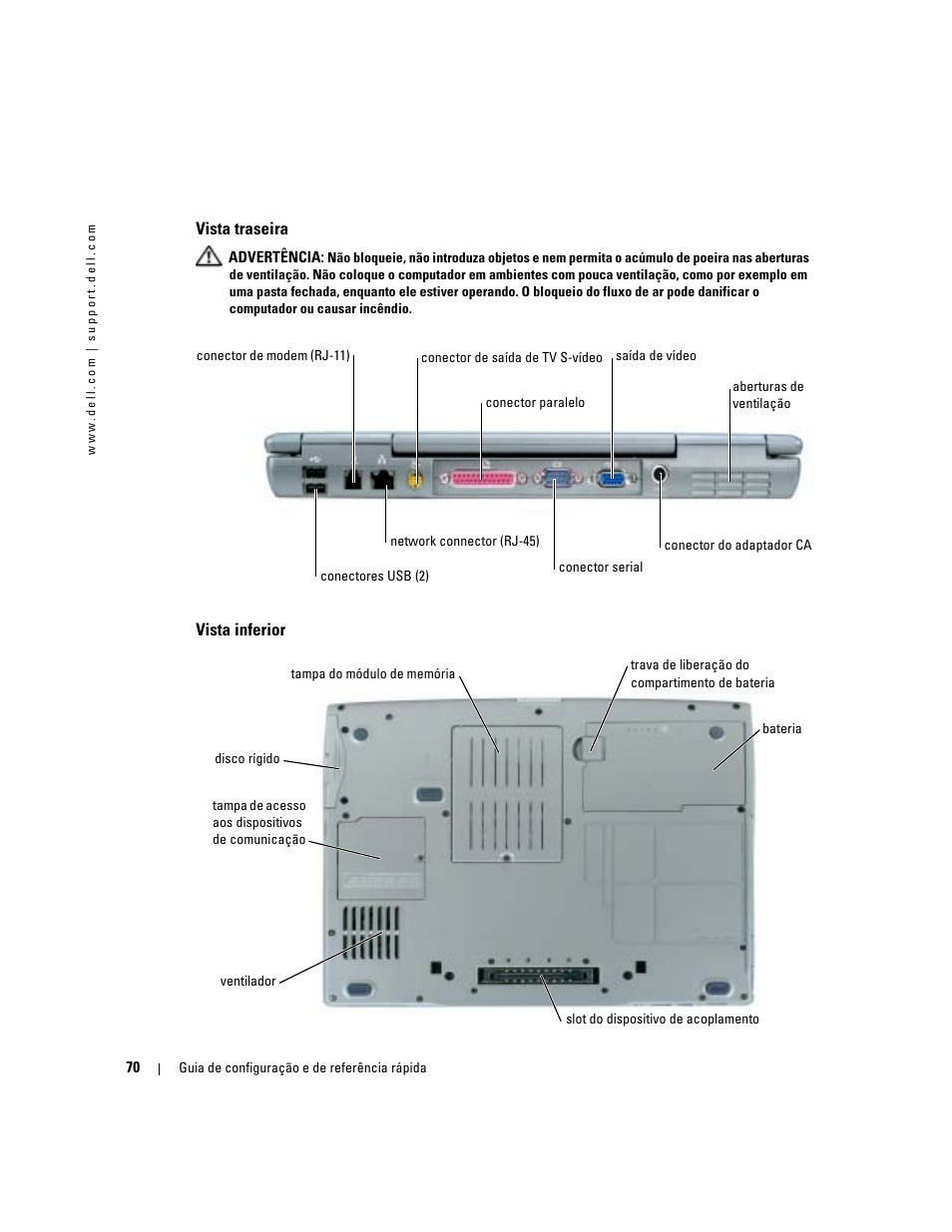 Vista traseira, Vista inferior | Dell Latitude D510 User Manual | Page 70 / 104