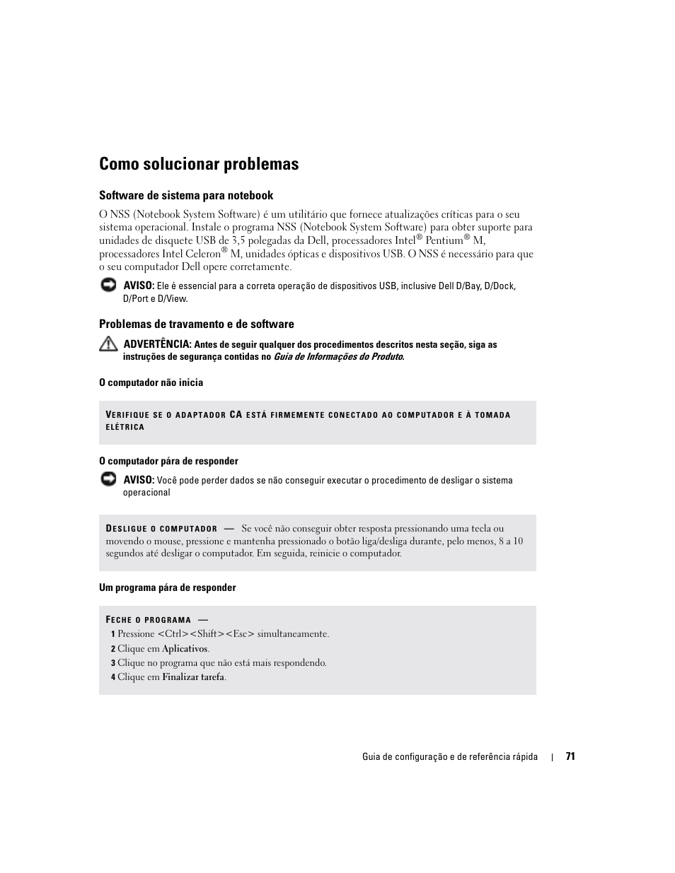 Como solucionar problemas, Software de sistema para notebook, Problemas de travamento e de software | Dell Latitude D510 User Manual | Page 71 / 104