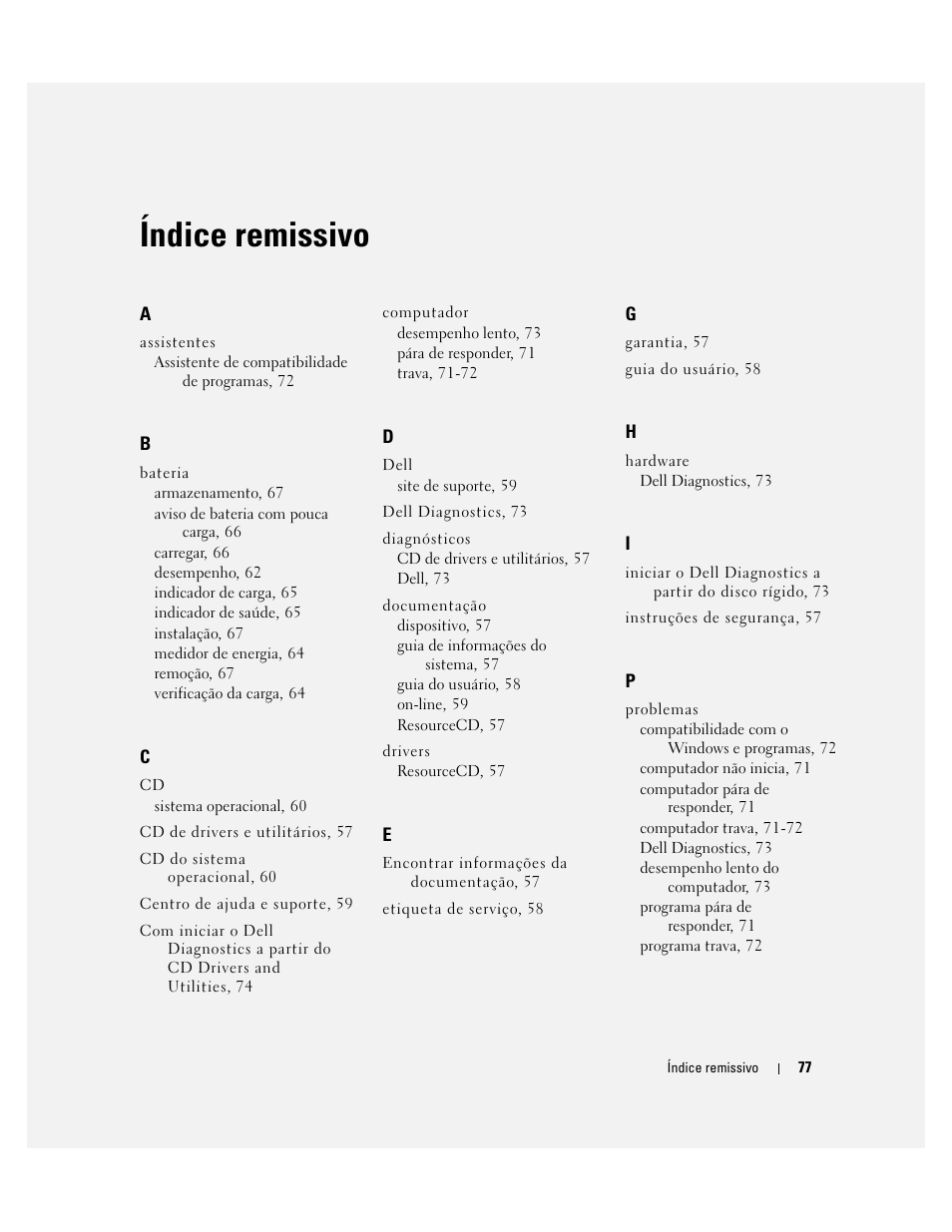 Índice remissivo | Dell Latitude D510 User Manual | Page 77 / 104