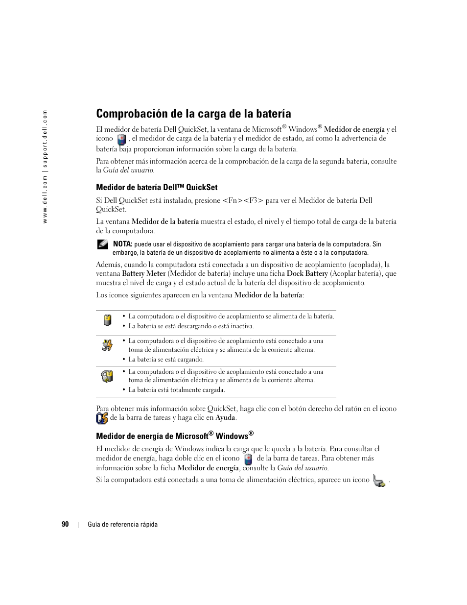 Comprobación de la carga de la batería, Medidor de batería dell™ quickset, Medidor de energía de microsoft® windows | Medidor de energía de microsoft | Dell Latitude D510 User Manual | Page 90 / 104