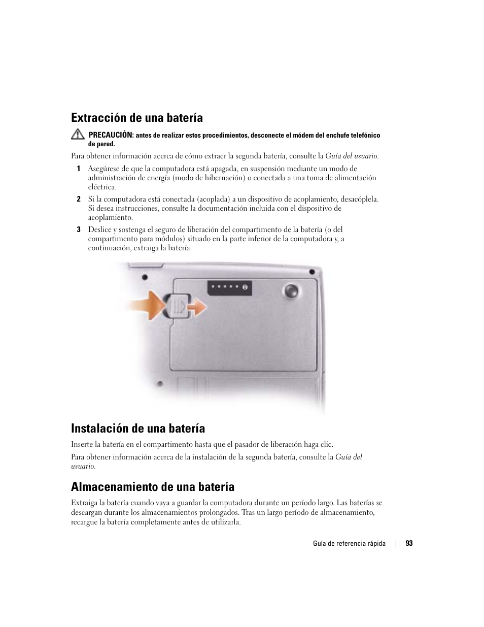 Extracción de una batería, Instalación de una batería, Almacenamiento de una batería | Dell Latitude D510 User Manual | Page 93 / 104