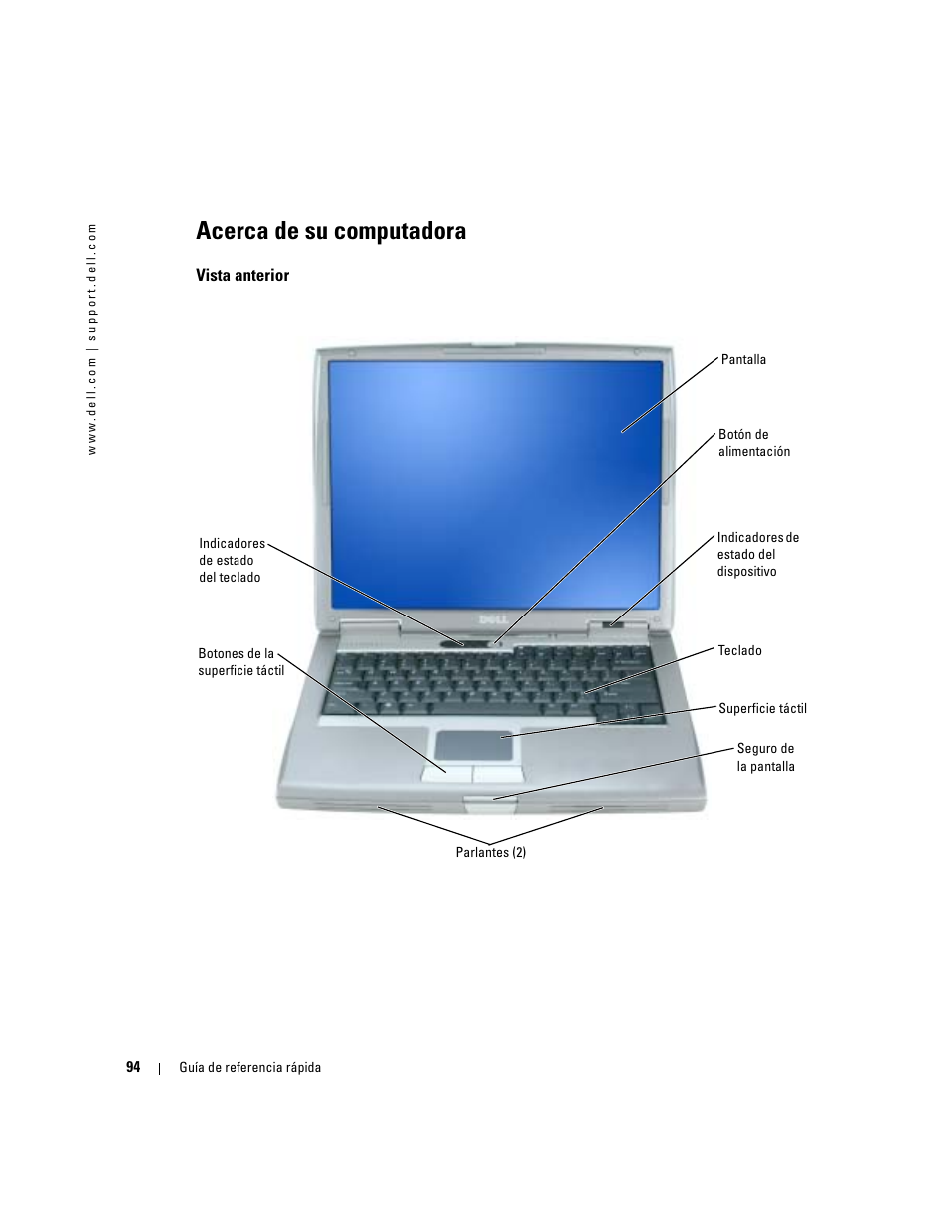 Acerca de su computadora, Vista anterior | Dell Latitude D510 User Manual | Page 94 / 104