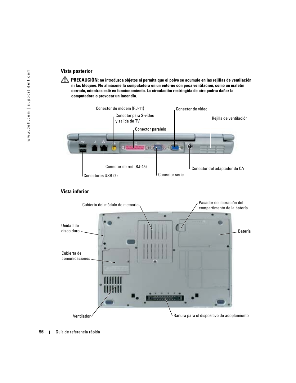 Vista posterior, Vista inferior | Dell Latitude D510 User Manual | Page 96 / 104