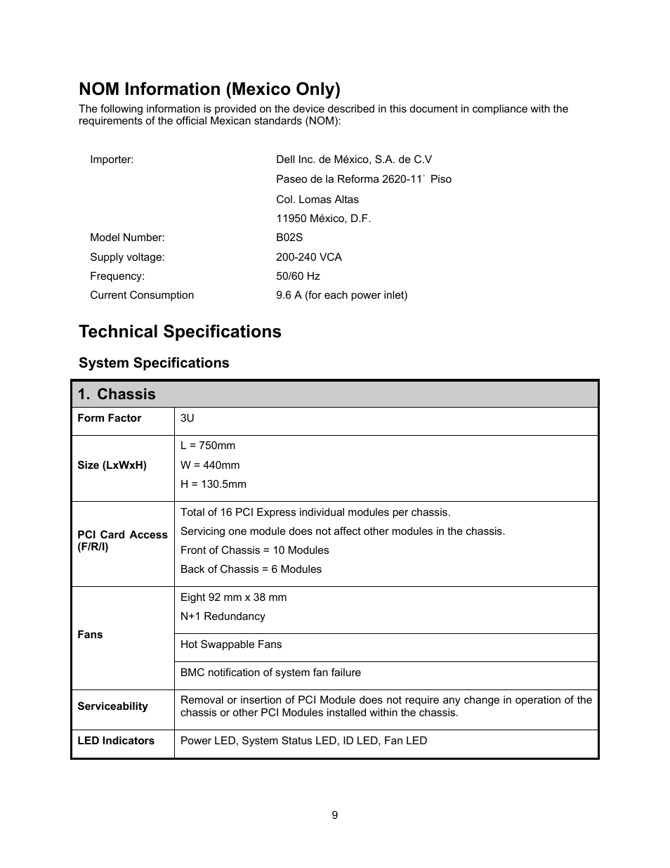 Nom information (mexico only), Technical specifications, System specifications | Chassis | Dell PowerEdge C410x User Manual | Page 11 / 52