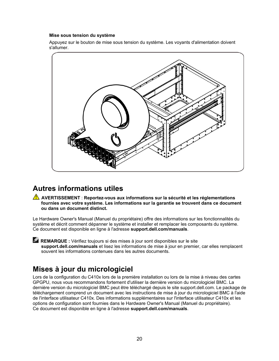 Mise sous tension du système, Autres informations utiles, Mises à jour du micrologiciel | Dell PowerEdge C410x User Manual | Page 24 / 52