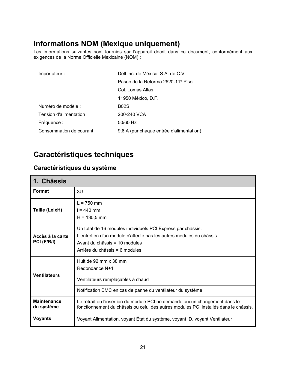 Informations nom (mexique uniquement), Caractéristiques techniques, Caractéristiques du système | Châssis | Dell PowerEdge C410x User Manual | Page 25 / 52