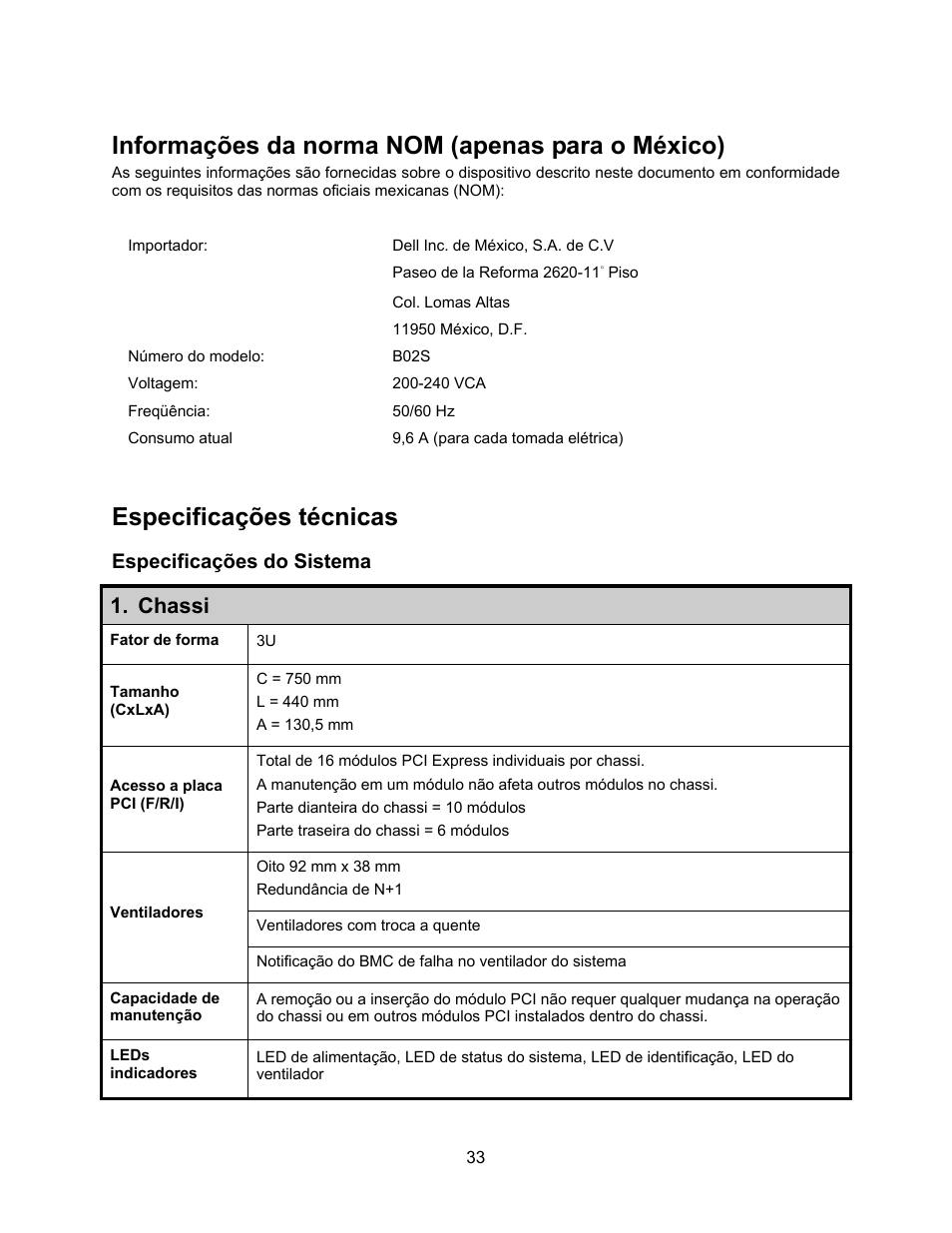 Informações da norma nom (apenas para o méxico), Especificações técnicas, Especificações do sistema | Chassi | Dell PowerEdge C410x User Manual | Page 37 / 52