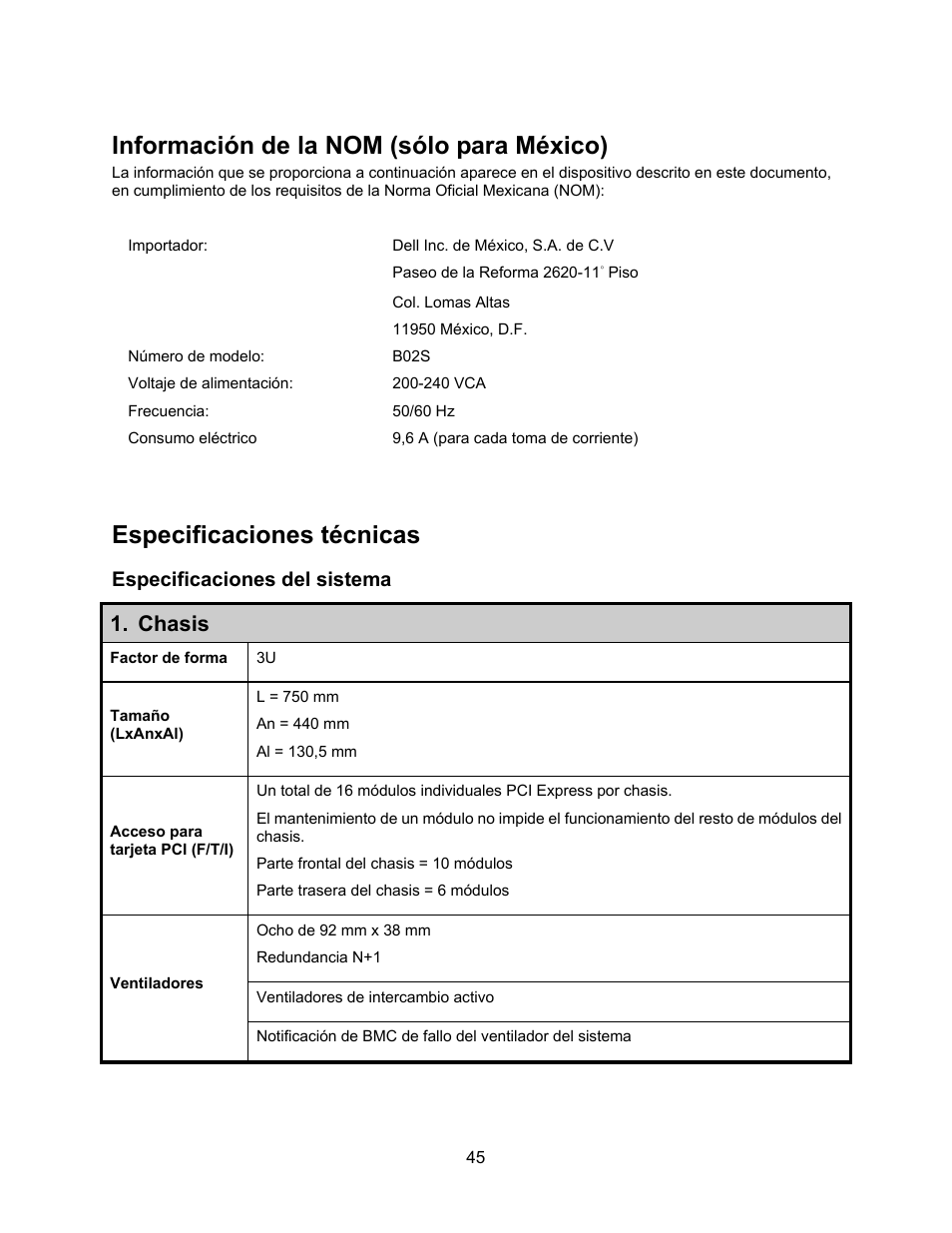 Información de la nom (sólo para méxico), Especificaciones técnicas, Especificaciones del sistema | Chasis | Dell PowerEdge C410x User Manual | Page 49 / 52