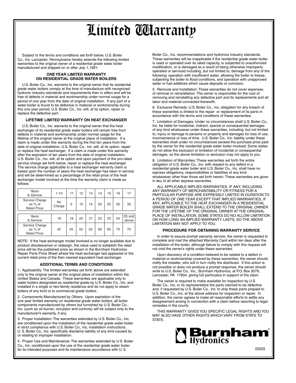 Limited warranty, For residential cast iron water boilers | Burnham SM-6 User Manual | Page 28 / 28