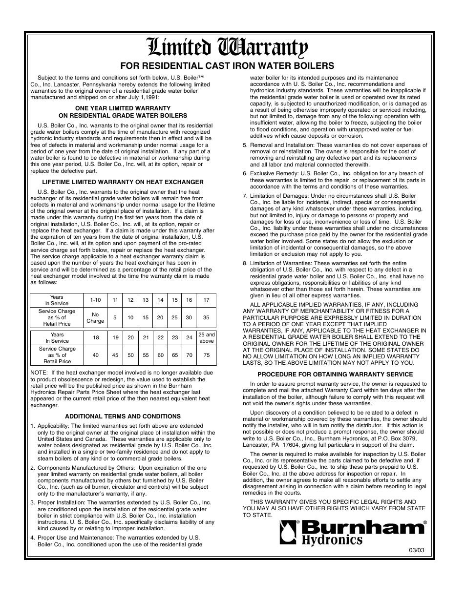 Limited warranty, For residential cast iron water boilers | Burnham SCG User Manual | Page 92 / 92