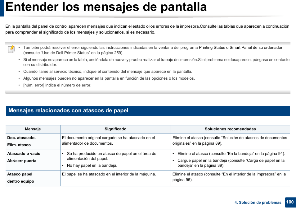 Entender los mensajes de pantalla, E “entender los mensajes de, Mensajes relacionados con atascos de papel | Dell B1165nfw Multifunction Mono Laser Printer User Manual | Page 100 / 311