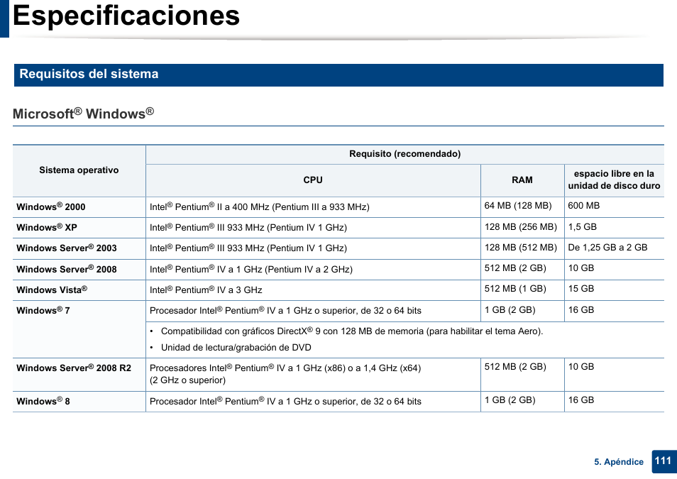 Sulte “requisitos, Especificaciones, Microsoft | Windows, Requisitos del sistema | Dell B1165nfw Multifunction Mono Laser Printer User Manual | Page 111 / 311