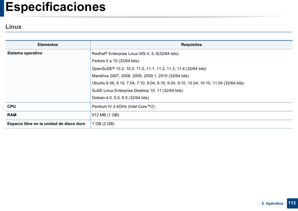 Especificaciones, Linux | Dell B1165nfw Multifunction Mono Laser Printer User Manual | Page 113 / 311