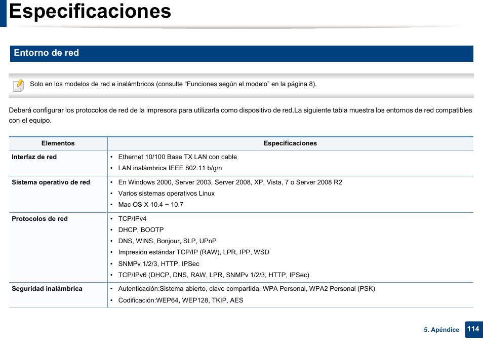 Especificaciones, Entorno de red | Dell B1165nfw Multifunction Mono Laser Printer User Manual | Page 114 / 311