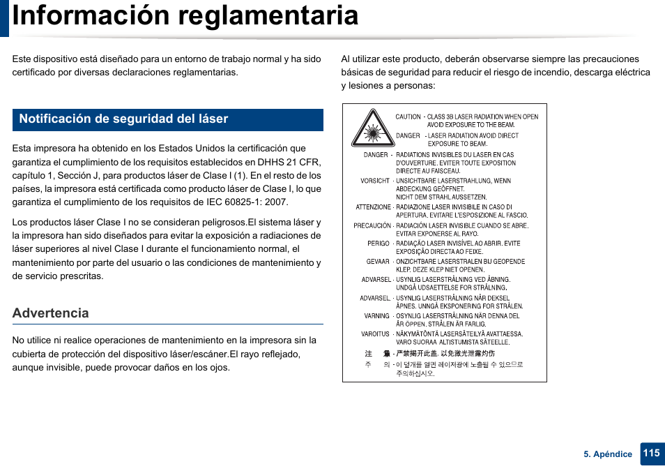 Información reglamentaria, Advertencia | Dell B1165nfw Multifunction Mono Laser Printer User Manual | Page 115 / 311