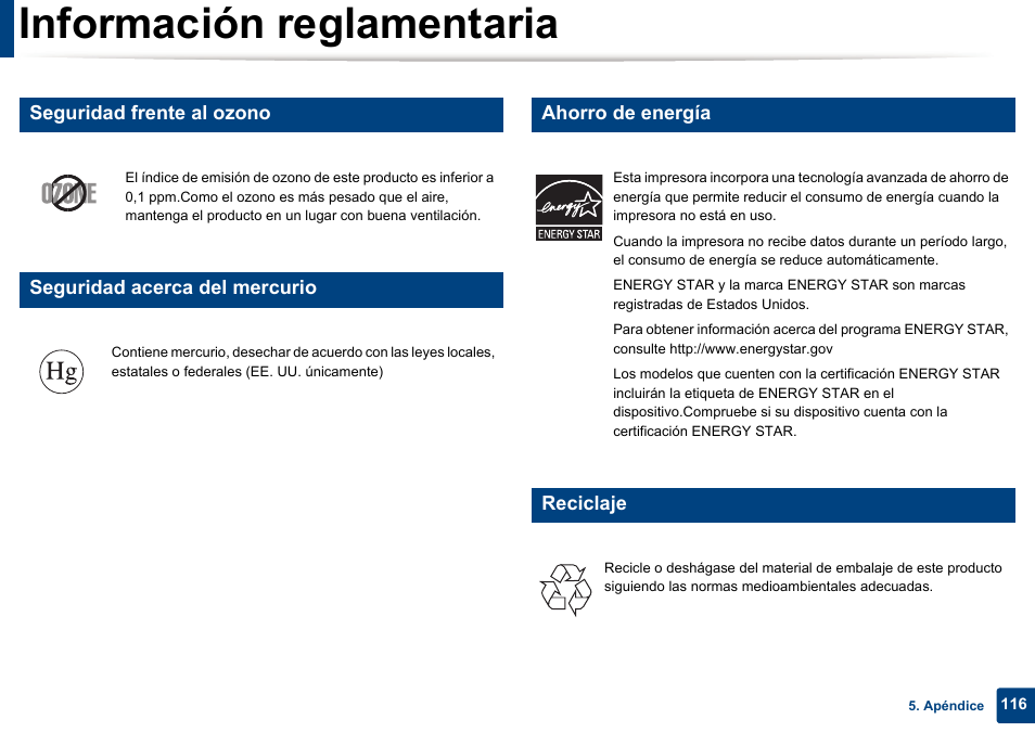 Información reglamentaria, Seguridad frente al ozono, Seguridad acerca del mercurio | Ahorro de energía, Reciclaje | Dell B1165nfw Multifunction Mono Laser Printer User Manual | Page 116 / 311
