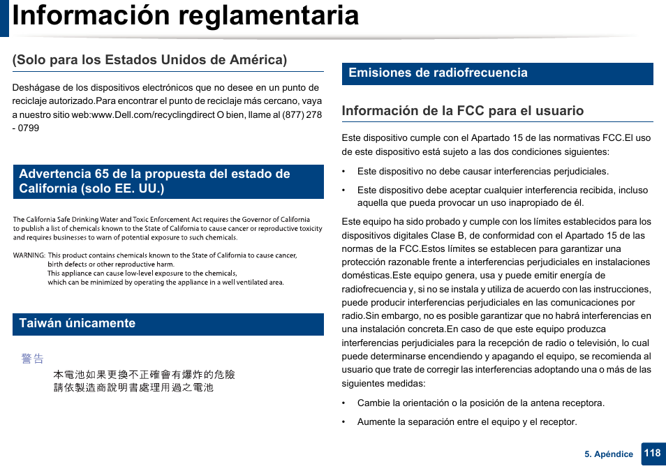 Información reglamentaria, Solo para los estados unidos de américa), Información de la fcc para el usuario | Taiwán únicamente, Emisiones de radiofrecuencia | Dell B1165nfw Multifunction Mono Laser Printer User Manual | Page 118 / 311