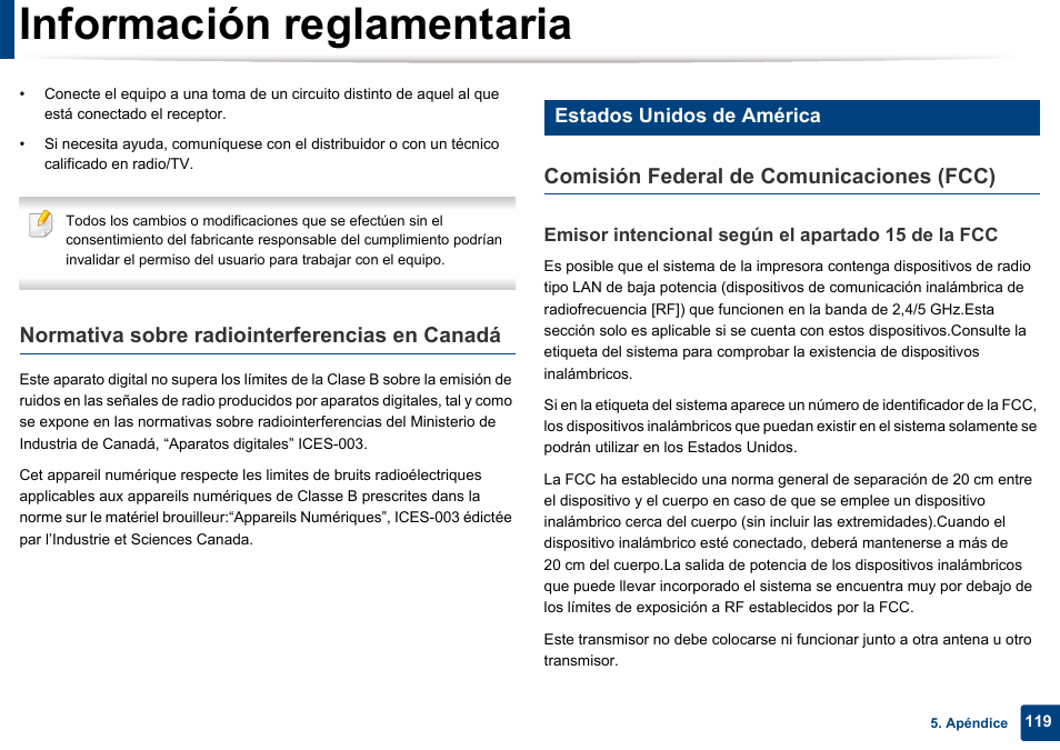 Información reglamentaria, Normativa sobre radiointerferencias en canadá, Comisión federal de comunicaciones (fcc) | Estados unidos de américa | Dell B1165nfw Multifunction Mono Laser Printer User Manual | Page 119 / 311