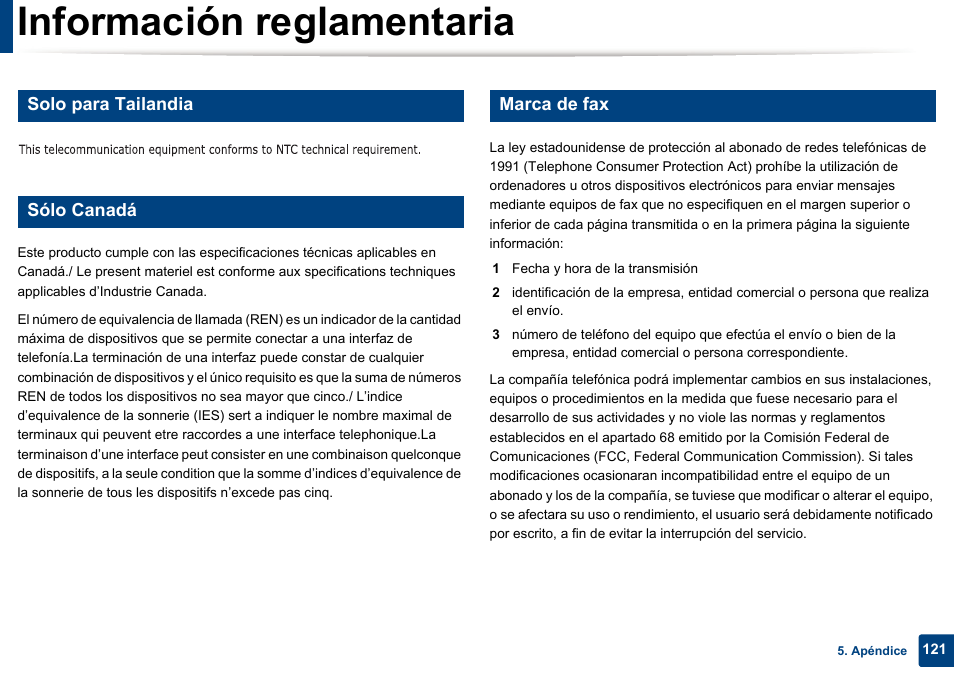 Información reglamentaria, Solo para tailandia, Sólo canadá | Marca de fax | Dell B1165nfw Multifunction Mono Laser Printer User Manual | Page 121 / 311