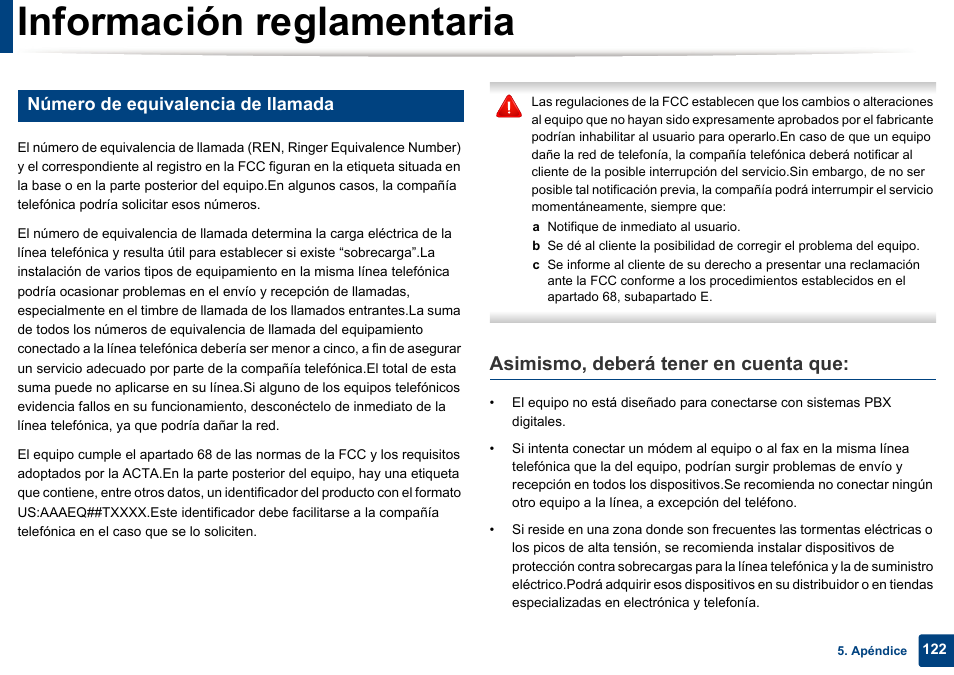 Información reglamentaria, Asimismo, deberá tener en cuenta que, Número de equivalencia de llamada | Dell B1165nfw Multifunction Mono Laser Printer User Manual | Page 122 / 311