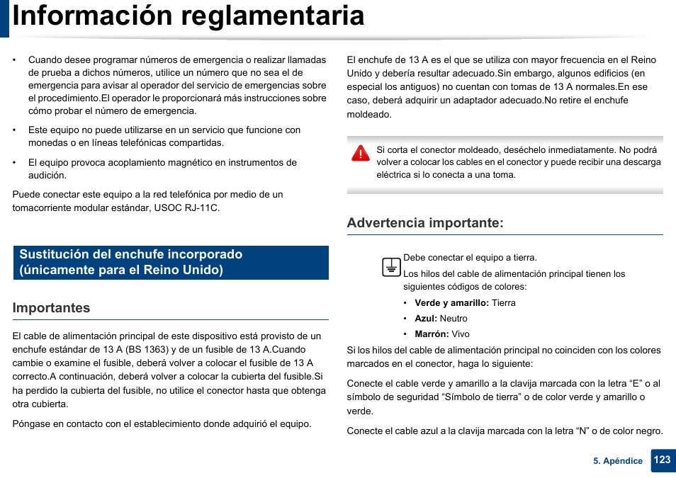 Información reglamentaria, Importantes, Advertencia importante | Dell B1165nfw Multifunction Mono Laser Printer User Manual | Page 123 / 311