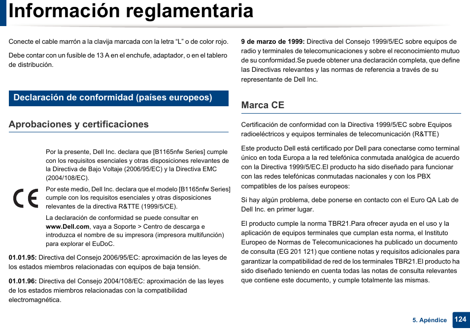 Información reglamentaria, Aprobaciones y certificaciones, Marca ce | Declaración de conformidad (países europeos) | Dell B1165nfw Multifunction Mono Laser Printer User Manual | Page 124 / 311