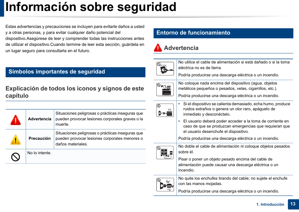 Información sobre seguridad, Advertencia, Símbolos importantes de seguridad | Entorno de funcionamiento | Dell B1165nfw Multifunction Mono Laser Printer User Manual | Page 13 / 311