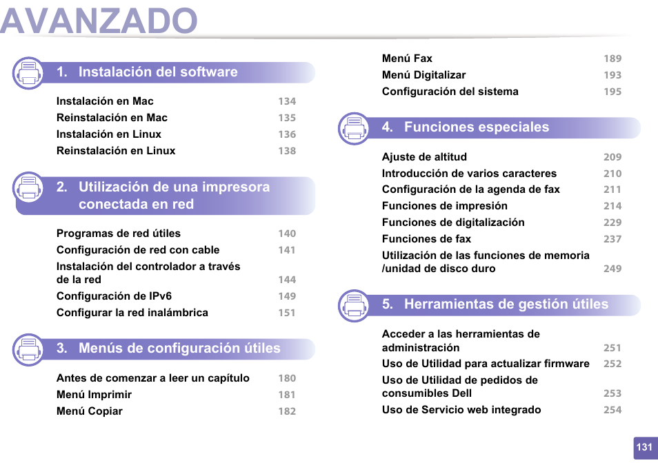 Avanzado, Instalación del software, Utilización de una impresora conectada en red | Menús de configuración útiles, Funciones especiales, Herramientas de gestión útiles | Dell B1165nfw Multifunction Mono Laser Printer User Manual | Page 131 / 311