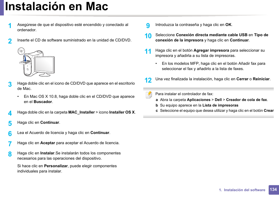 Instalación en mac, Te “instalación en mac” en la, Instalación en mac134 | Dell B1165nfw Multifunction Mono Laser Printer User Manual | Page 134 / 311