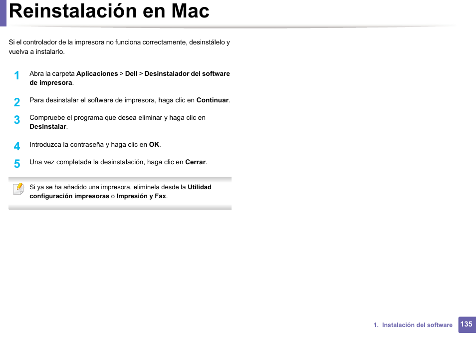 Reinstalación en mac, Reinstalación en mac135 | Dell B1165nfw Multifunction Mono Laser Printer User Manual | Page 135 / 311