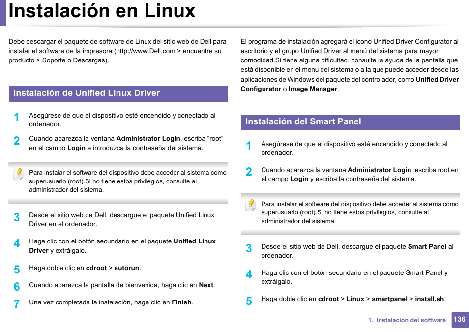 Instalación en linux, Instalación en linux136 | Dell B1165nfw Multifunction Mono Laser Printer User Manual | Page 136 / 311