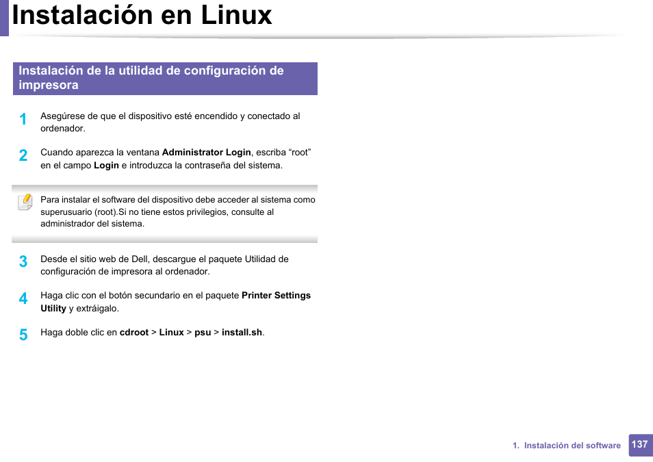 Instalación en linux | Dell B1165nfw Multifunction Mono Laser Printer User Manual | Page 137 / 311